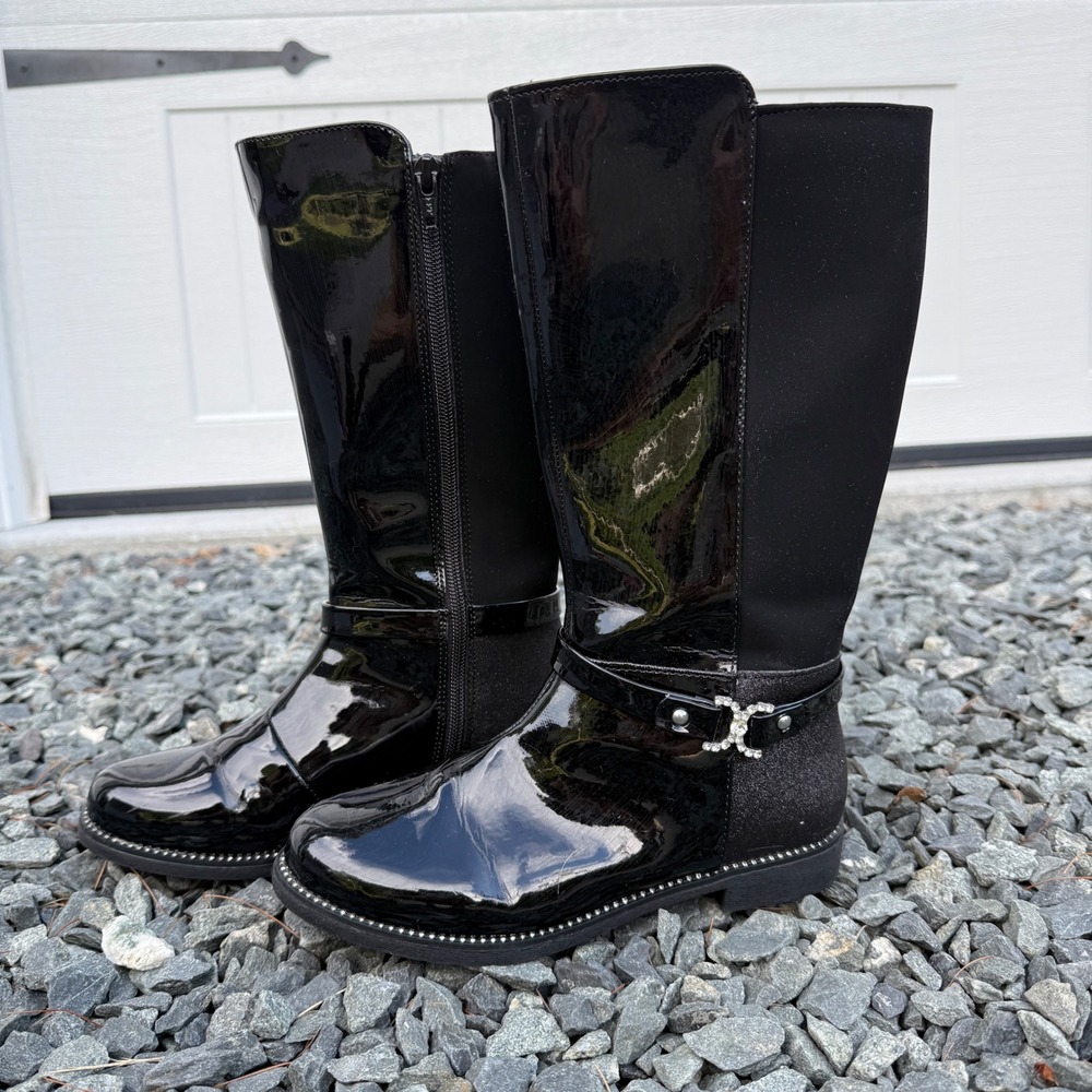 The Childrens Place Girls Black Patent Tall Riding Boots Buckle Size 3